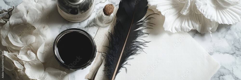 Poster elegant calligraphy tools including a feather quill, ink bottle, and parchment on a marble surface. 