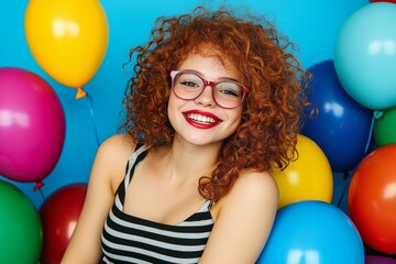 Happy Young Woman with Colorful Balloons