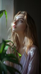 Fototapeta premium Thoughtful woman gazes out from a sunlit window amidst serene surroundings