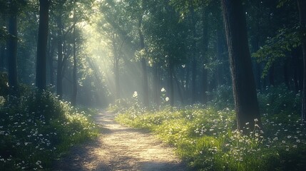 Obraz premium Serene forest path illuminated by morning sunlight, tranquil and inviting nature scene 