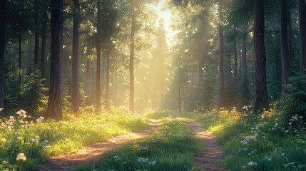 Naklejka premium Serene forest path illuminated by morning sunlight, tranquil and inviting nature scene 