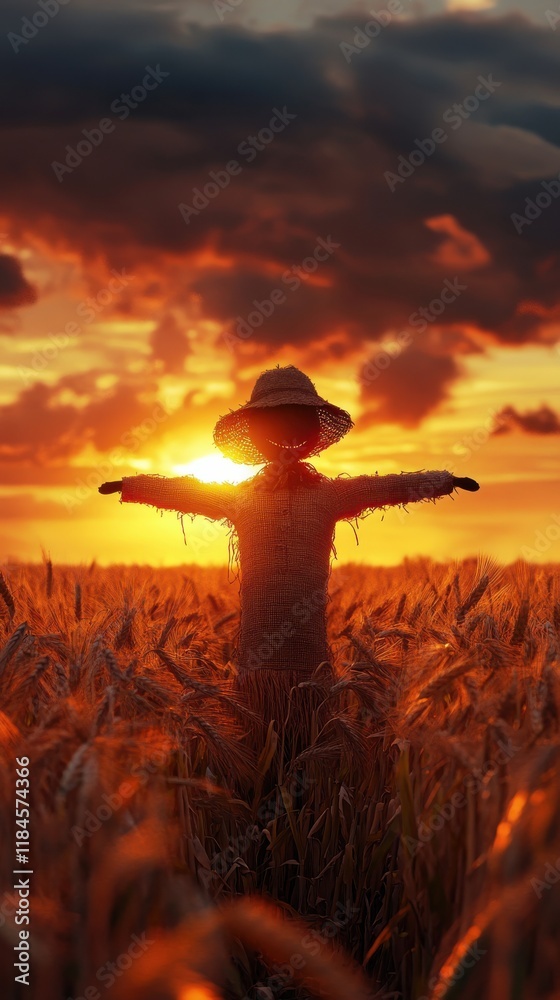 Poster Golden wheat field at sunset with a scarecrow creating a nostalgic rural atmosphere