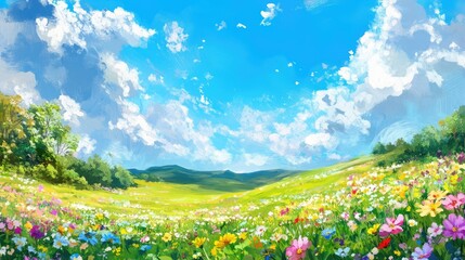 Wildflower meadow with vibrant colors under a bright blue sky