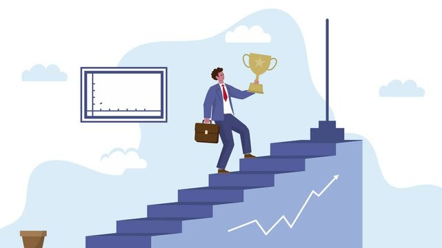 animation showcases a businessman climbing the ladder of success, holding a trophy as he reaches the success flag. The visual represents determination, achievement, and the journey to success business