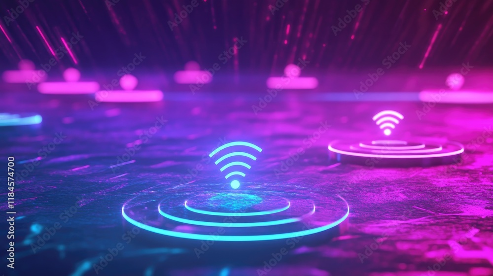Poster a concept of wireless data transmission with glowing lines representing signals between two devices.