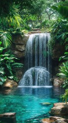 Naklejka premium Majestic waterfall cascading into a turquoise pool surrounded by vibrant tropical foliage in a serene natural paradise