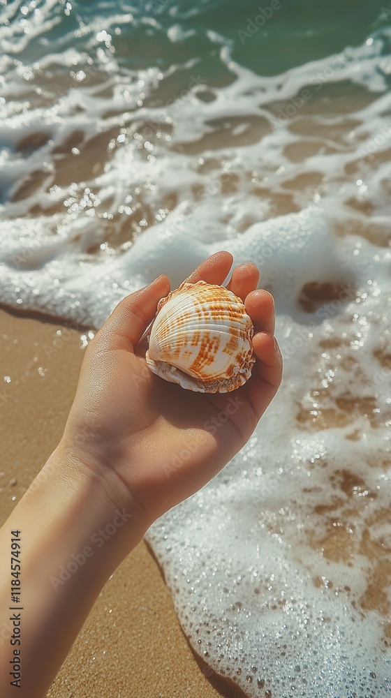 Poster Hand holding a seashell on the beach with waves gently crashing in the background during daylight