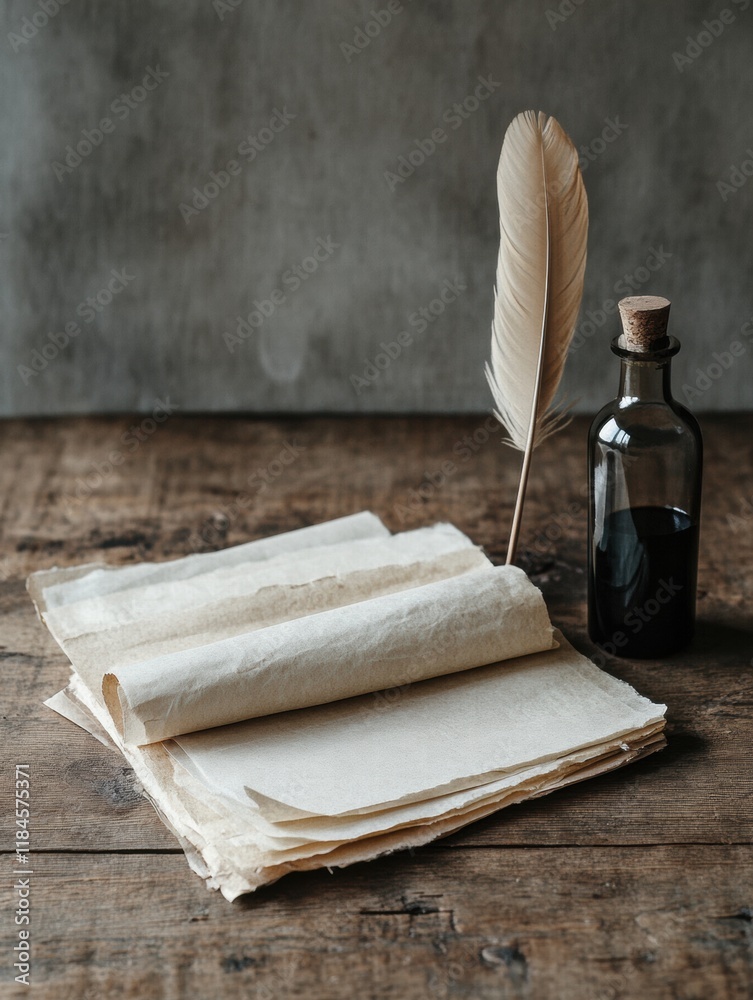 Poster calligraphy tools including feather quill, ink bottle, and parchment paper arranged on rustic wooden