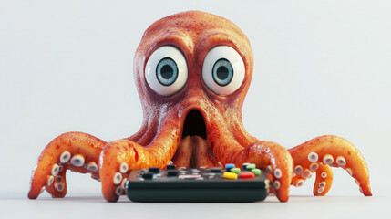 A quirky octopus with big eyes holds a game controller in fear and looks excited, being addicted to video games. Bright colors highlight its playfulness.
