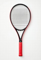 A tennis racket with a red handle and black strings