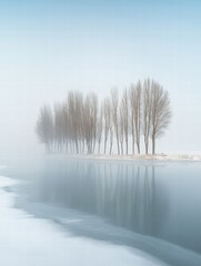 A row of trees are reflected in the water