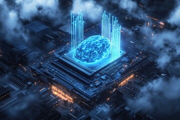 Brain in the Machine: A futuristic digital rendering depicts a glowing human brain nestled within a computer microchip, surrounded by a complex network of circuits and data streams.
