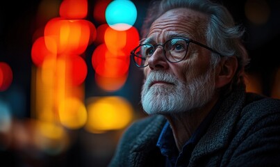 Fototapeta premium An elderly man gazes thoughtfully into the distance, illuminated by colorful lights.