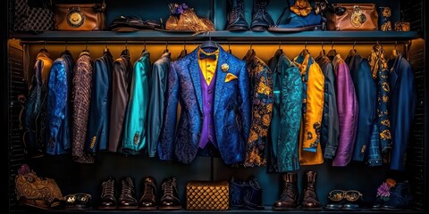 A vibrant wardrobe showcasing colorful suits and stylish accessories.