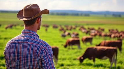 A cowboy observes a herd of cows grazing in a lush green field under a blue sky.