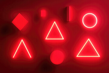 Bright neon geometric shapes in red light against a dark background creating a vibrant visual composition