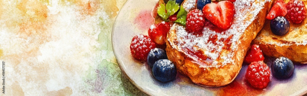 Poster Close-up view of delicious French toast topped with powdered sugar and assorted fresh berries on a watercolor background