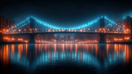 Night cityscape with illuminated bridge and city lights reflecting on water