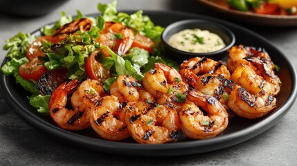Fototapeta premium A delicious plate of hot, grilled shrimp with smoky char marks, served with a fresh salad and garlic butter sauce.