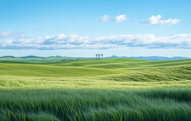 Obraz premium A large field of green grass with a couple of windmills in the distance