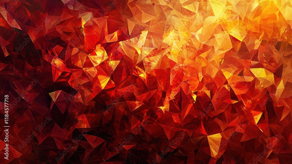 Poster vibrant low-poly pattern in warm hues of orange and crimson creating an energetic visual experience