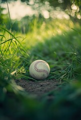 A baseball is laying on the ground in a grassy field