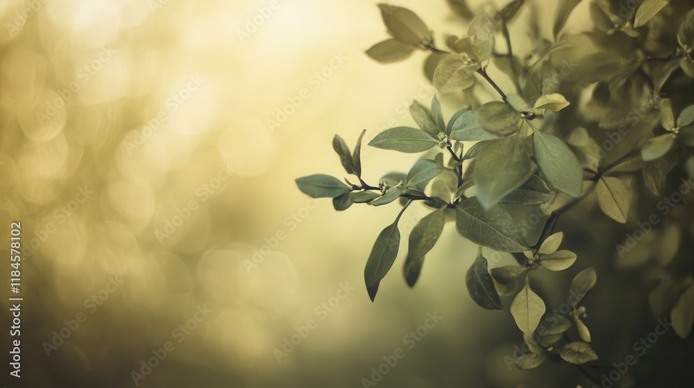 Aufkleber Lush green leaves framed by soft bokeh tones create a nostalgic atmosphere in a serene outdoor setting