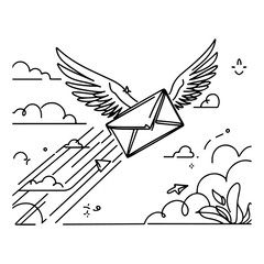 Continuous one-line drawing of flying mail envelope with wings The incoming message has been read