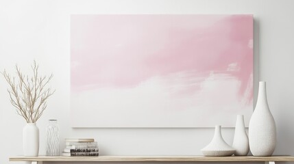Minimalist canvas art featuring soft pastel pink strokes on a white background in a modern interior setting