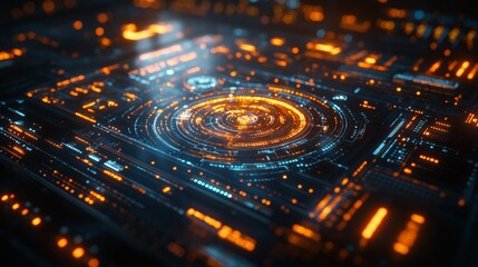 Abstract Futuristic Technology Interface: Digital Circuitry and Glowing Nodes