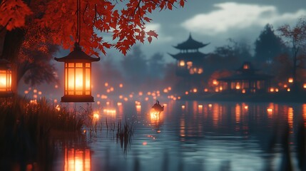 Serene Autumn Evening With Floating Lanterns And Temples