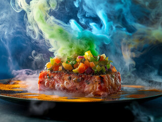 A stunning close-up of a gastronomic masterpiece, highlighted by colorful, swirling smoke for an extraordinary dining sensation.