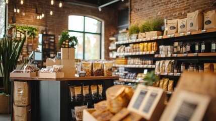 Stylish Rustic Grocery Store Interior with Shelves of Artisanal Products