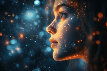 dreaming student among floating cosmic elements and scientific formulas surreal education concept with glowing constellation patterns