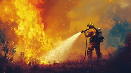 Fototapeta premium A firefighter spraying water onto a wildfire as the blaze continues to rage behind them.