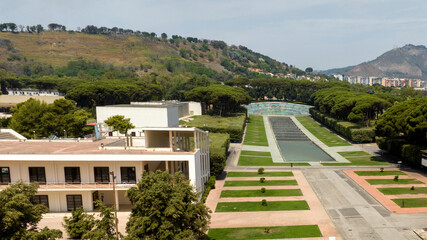 Aerial view of the fountain of the Esedra, the largest fountain in Naples, Italy. It is located in the vast architectural complex of the Mostra d'Oltremare, in the Fuorigrotta district.