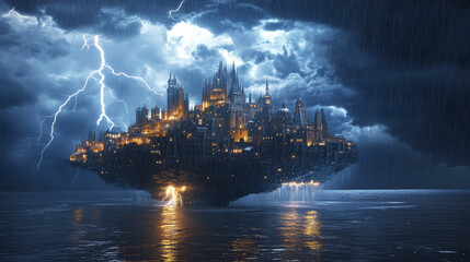 A floating city enduring a storm, highlighting resilience and architectural ingenuity against nature.