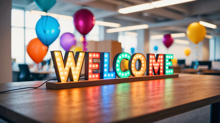 Neon Welcome sign on the desk in new office with open space decorated with balloons and confetti. Onboarding of new employees, welcome to the team, new job	