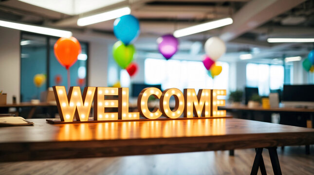 Neon Welcome sign on the desk in new office with open space decorated with balloons and confetti. Onboarding of new employees, welcome to the team, new job	