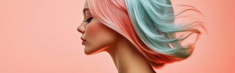Naklejka premium Soft coral and mint hair illustrates creative beauty through gentle color transition and flowing movement