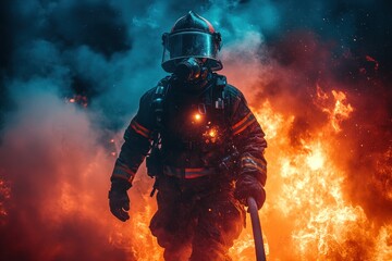 Firefighter in full gear holding a hose with a dramatic outdoor setting