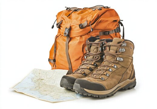 A pair of brown hiking boots and an orange backpack sit next to a map - Powered by Adobe
