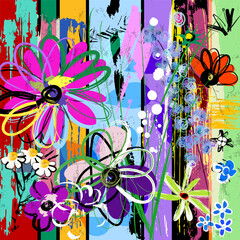 abstract background illustration, composition with flowers, strokes, splashes and geometric lines