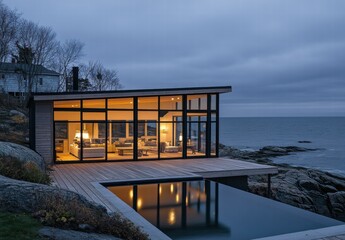 Obraz premium A house with a pool and a large glass window