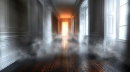 Mysterious and Eerie Long Hallway with Fog and Light at the End