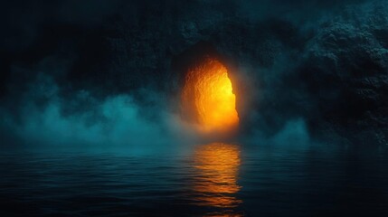 Obraz premium Mysterious glowing portal in a dark cave reflected in still water