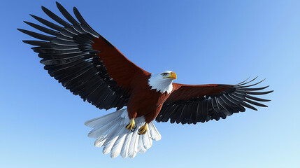 Fototapeta premium Majestic eagle soaring in clear blue sky, showcasing its powerful wings