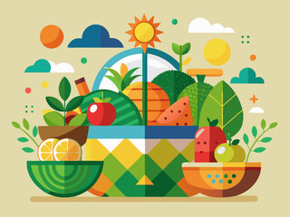 Fototapeta premium Colorful Fruit and Vegetable Basket Illustration – Vibrant Healthy Food Design