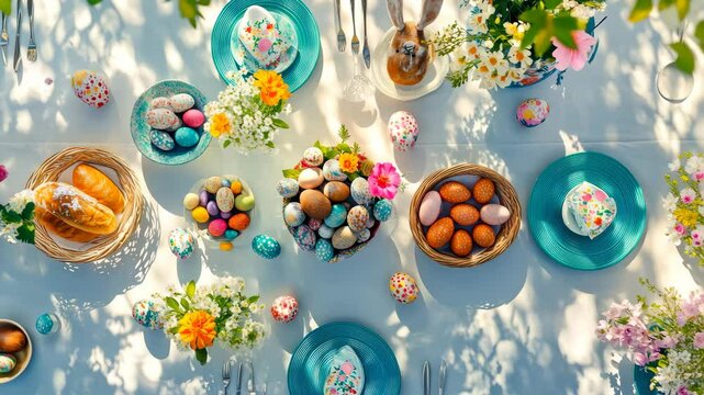 Celebrate Easter with a colorful brunch featuring decorative eggs and fresh flowers outdoors