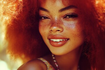 Fototapeta premium Lovely happy mixed-race girl - for ads, brochure and web marketing banner use. Commercial promotion creative design. Long trim - afro hair. Vibrant hair advertising artistry. Black girl models.